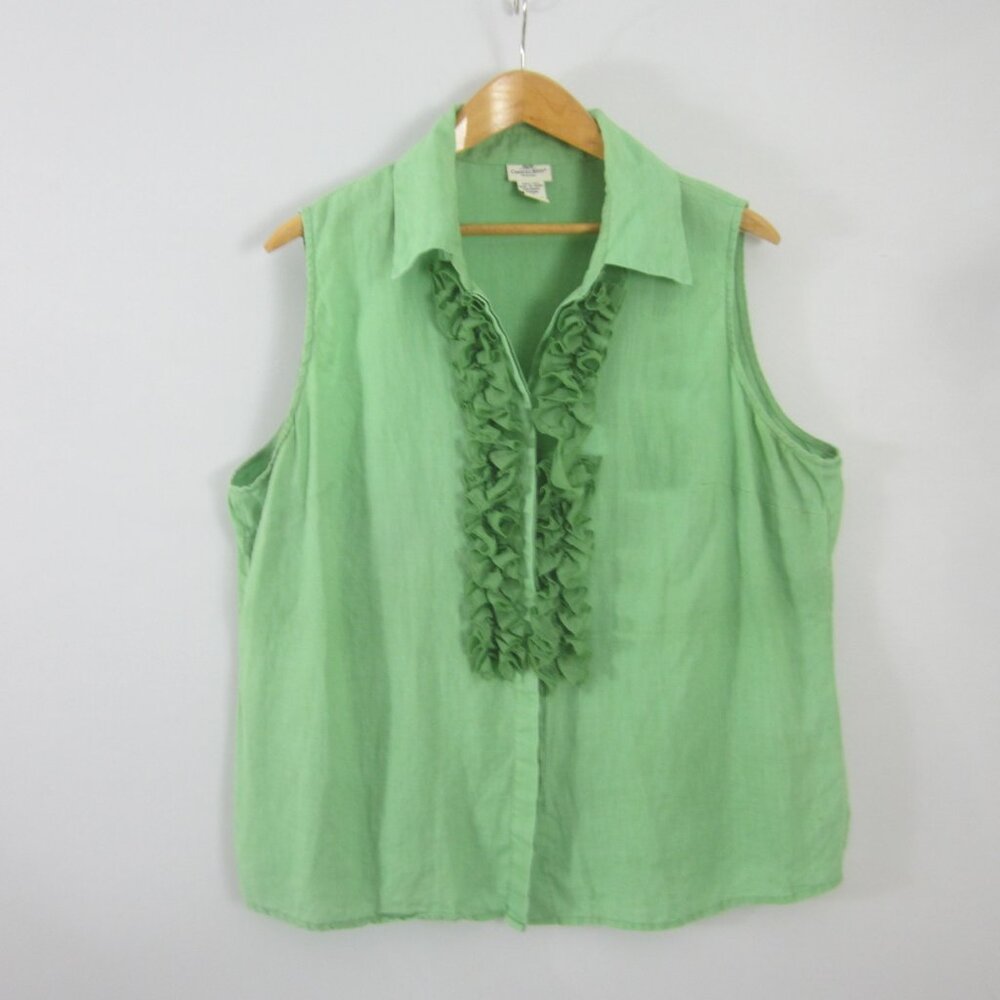 Carroll Reed Womens Plus 1X Green 100% Linen Ruffle Front Sleeveless Shirt Top